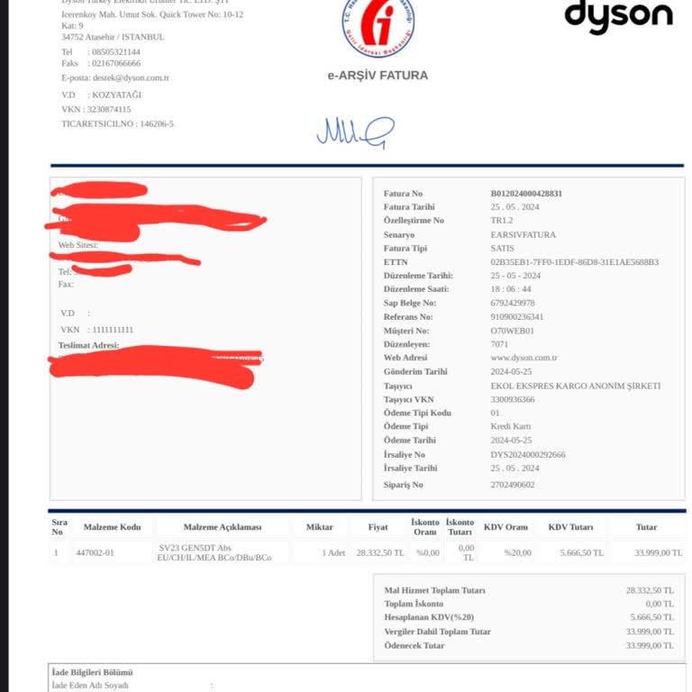 Dyson.com.tr Kurumsal Fatura Kesmiyor