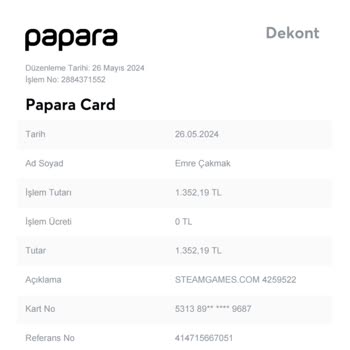 Steam Papara Kartımdan Para İle Alışveriş Yapıldı