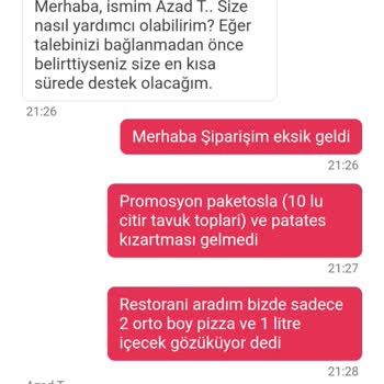 Yemek Sepeti Domino's Pizza Eksik Gelen Ürünler