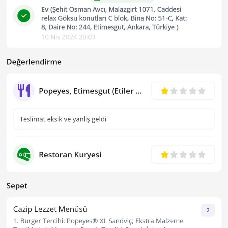 Getir Yemek Popeyes Siparişi