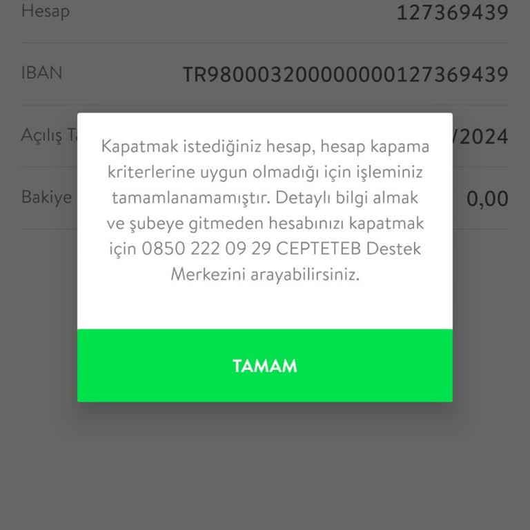 CepteTeb Hesap Kapama İşleminin Yapılmaması