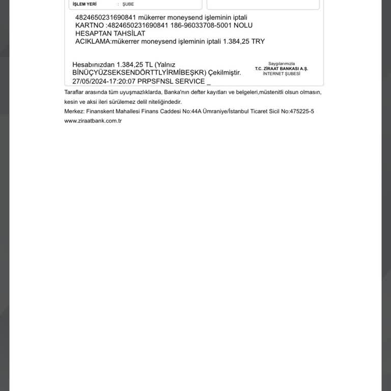 Ziraat Bankası Paramın Geri Alınması