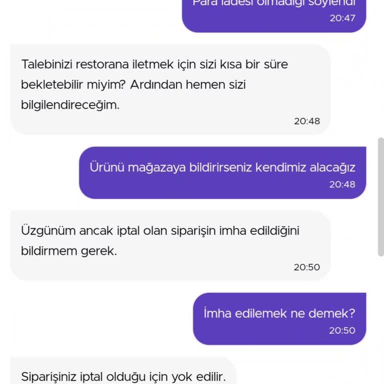 Getir İptal Edilen Siparişin İmha Edilmesi