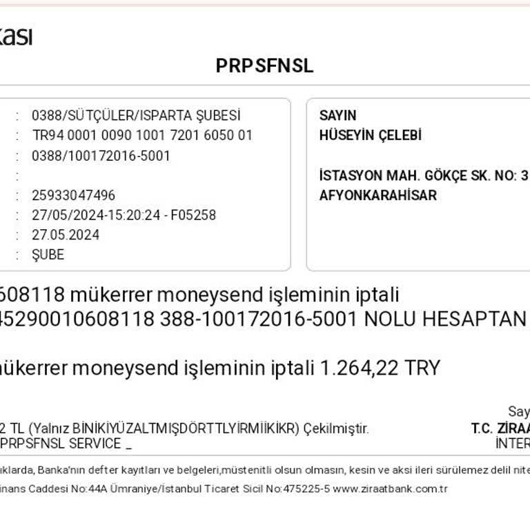 Ziraat Bankası Mükerrer Moneysend Ödemesi Çekmesi