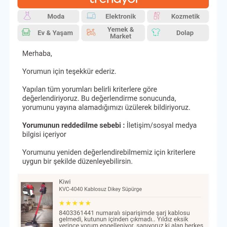 Trendyol'un Kiwi Hakkında Yorumu Yayımlamaması