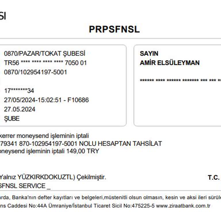 Ziraat Bankası İzinsiz Para Transferi "mükerrer Moneysend".