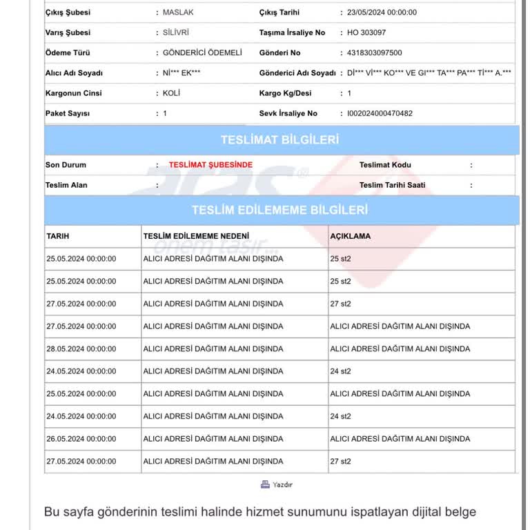 Aras Kargo Silivri Şube Kargo Teslimat