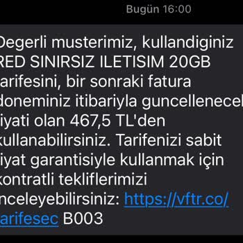 Vodafone Tarife Fiyat Değişikliği