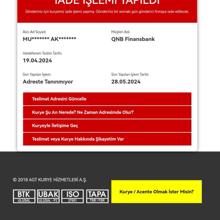 AGT Kurye (aynigunteslim.com) Kredi Kartım Teslim Edilmedi