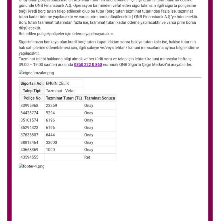 QNB Hayat Emeklilik Hayat Sigortası Teminat Tutarı Ödememe