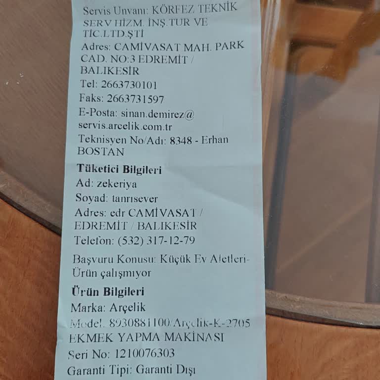 Arçelik Ekmekçim Servis Yedek Parça Yok