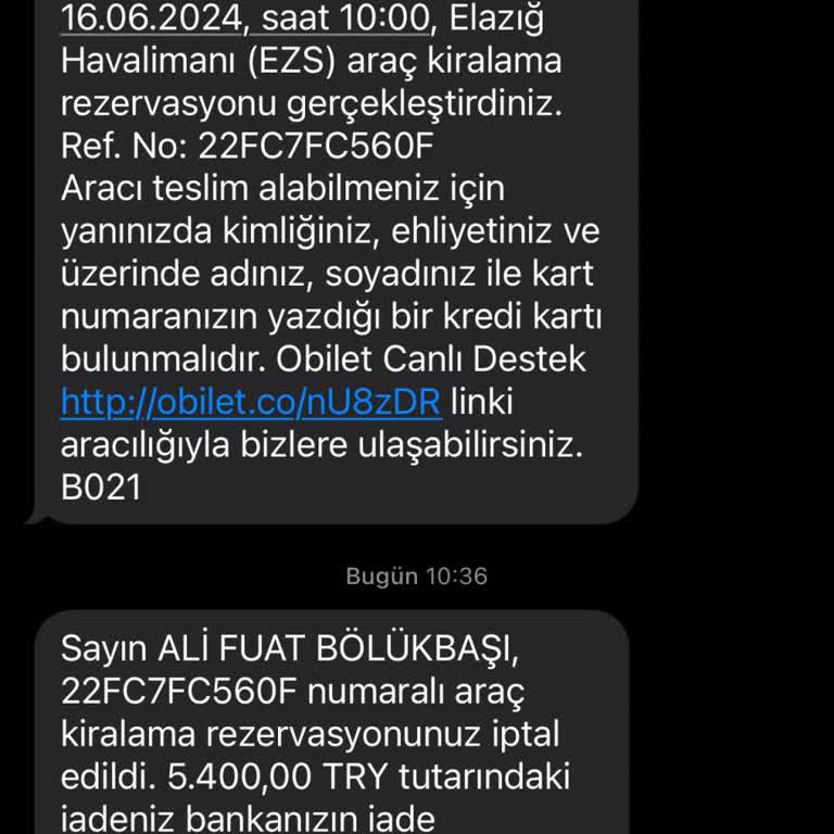 Obilet Bayram Üstü Kiraladığımız Aracı İptal Edildi