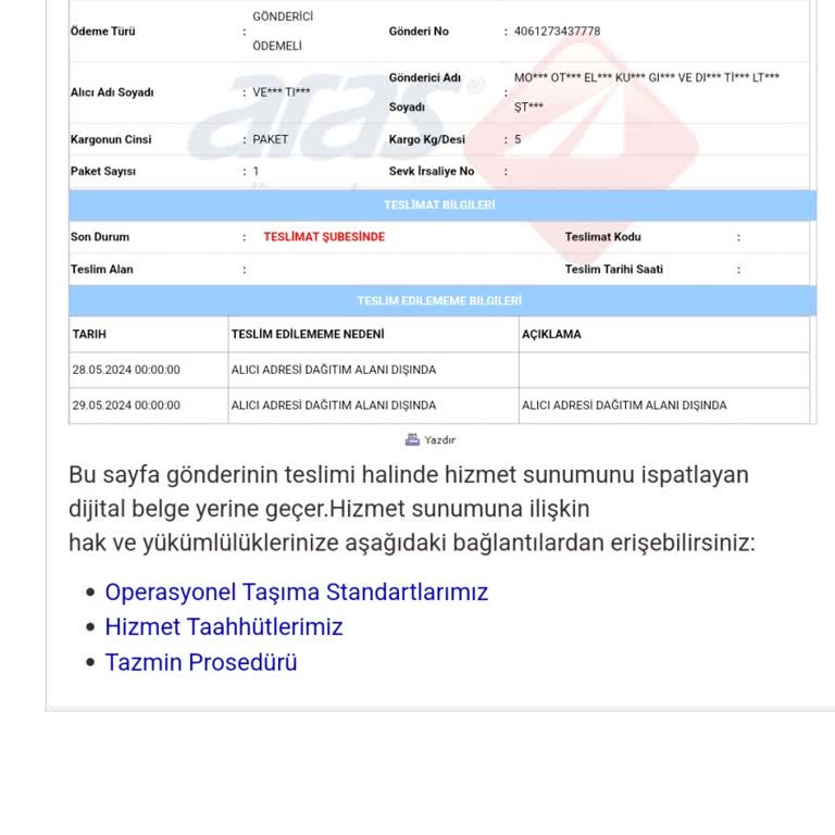 Aras Kargo Turkuaz Şubesi Siparişlerimi Çeşitli Bahanelerle Getirmiyor
