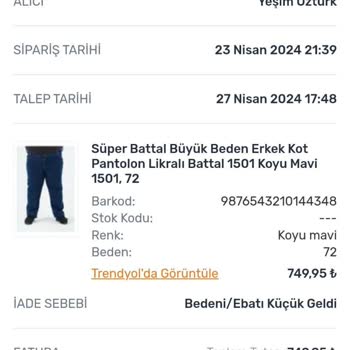 Trendyol Rücksendung für Jeans verweigert, 150 ₺ Versandkosten gefordert