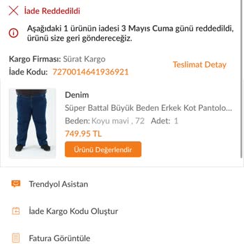 Trendyol Rücksendung für Jeans verweigert, 150 ₺ Versandkosten gefordert