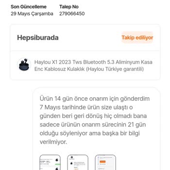 Hepsiburada Onarıma Gönderdiğim Ürün İle İlgili Bilgi Alamıyorum.