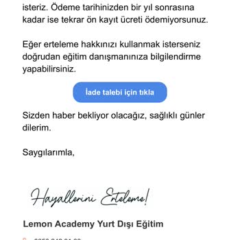 Lemon Academy Yerine Getirilemeyen Hizmetten Kapora İadesi Yapılmaması