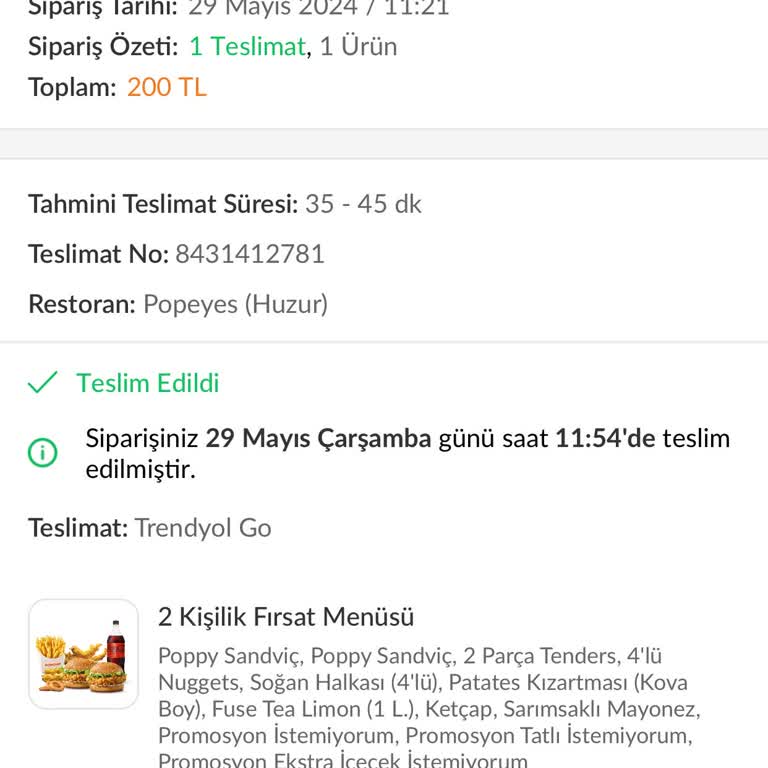 Popeyes Ürün Kalitesizliği, Rahatsızlık, Mide Ağrısı