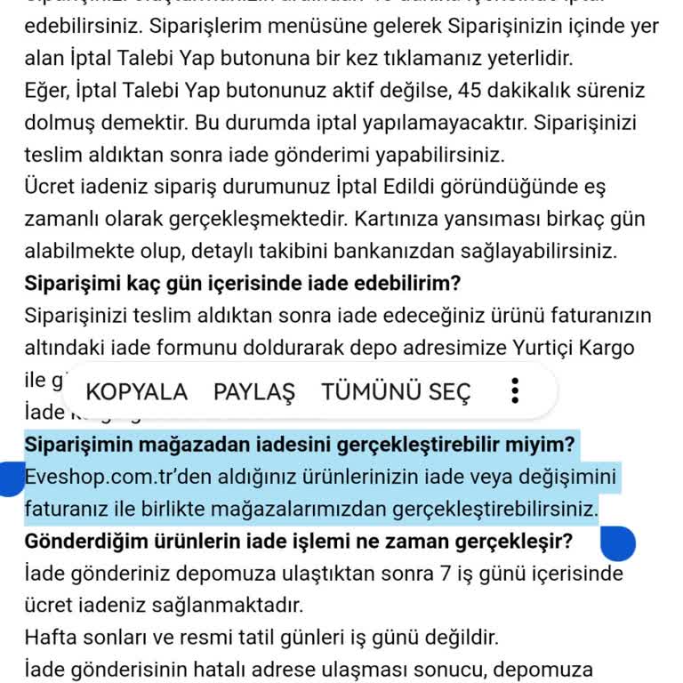 Eve Shop Mağazadan İade Sorunu