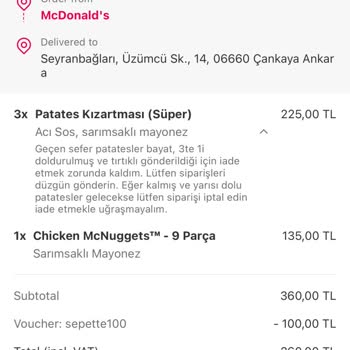 Yemeksepeti Sipariş İade Problemi