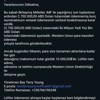 Western Union Tarafından Gelen Gmail Spam Mesajı