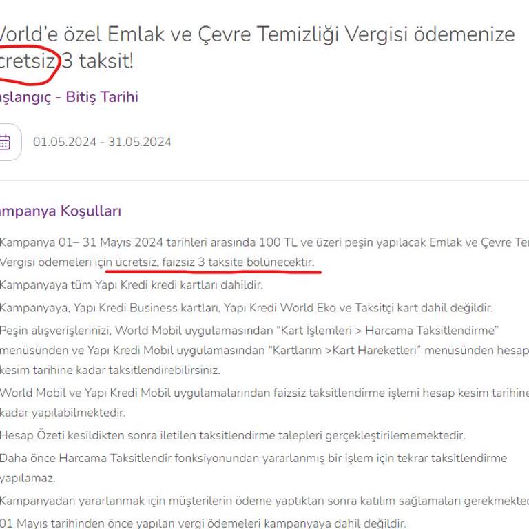 Yapı Kredi Worldcard Emlak Vergisi Ücretsiz 3 Taksit Yapmıyor