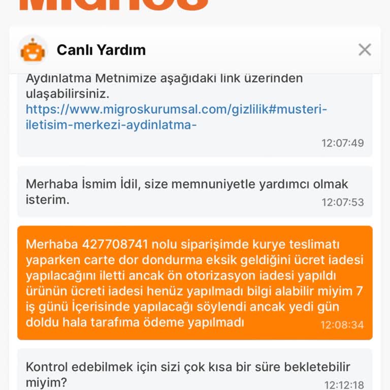 Migros Ücret İadesinin Yapılmaması Ve İlgilenilmiyor