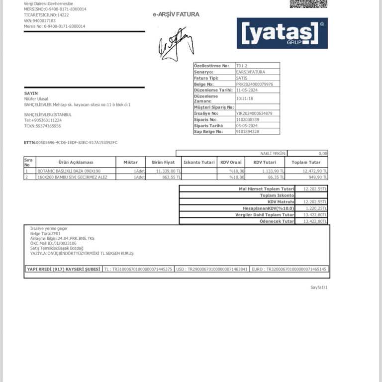 Yataş Baza İade Talebim