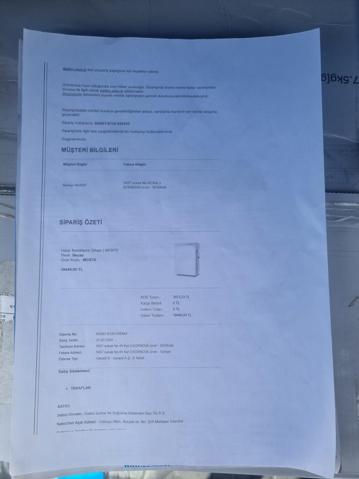 Na.様確認ページ Daikin MCK70ZW / MCK70YV Hava Temizleme Cihazı - Şikayetvar