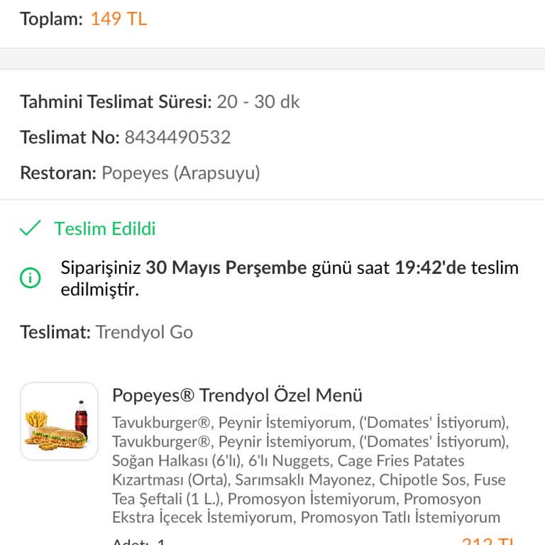 Popeyes Siparişim Teslim Edilmedi Ve Mağduriyetim Giderilmedi