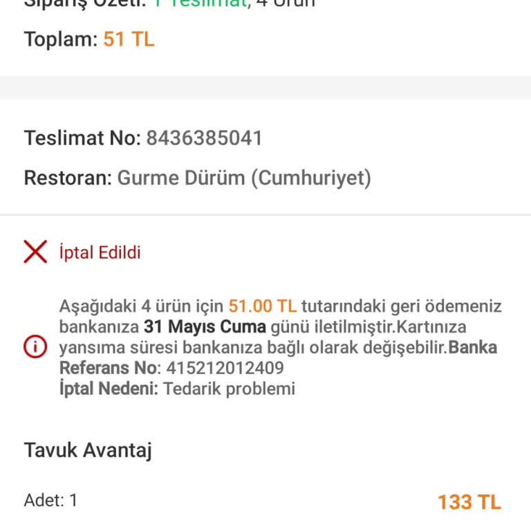 Trendyol Yemek Para İade Sipariş İptali İçin Para İade
