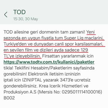TOD Tv TOD-Yeni Sezon Maçları Diye Gönderilen Mesajla Eski Sezon Üyelik Satış