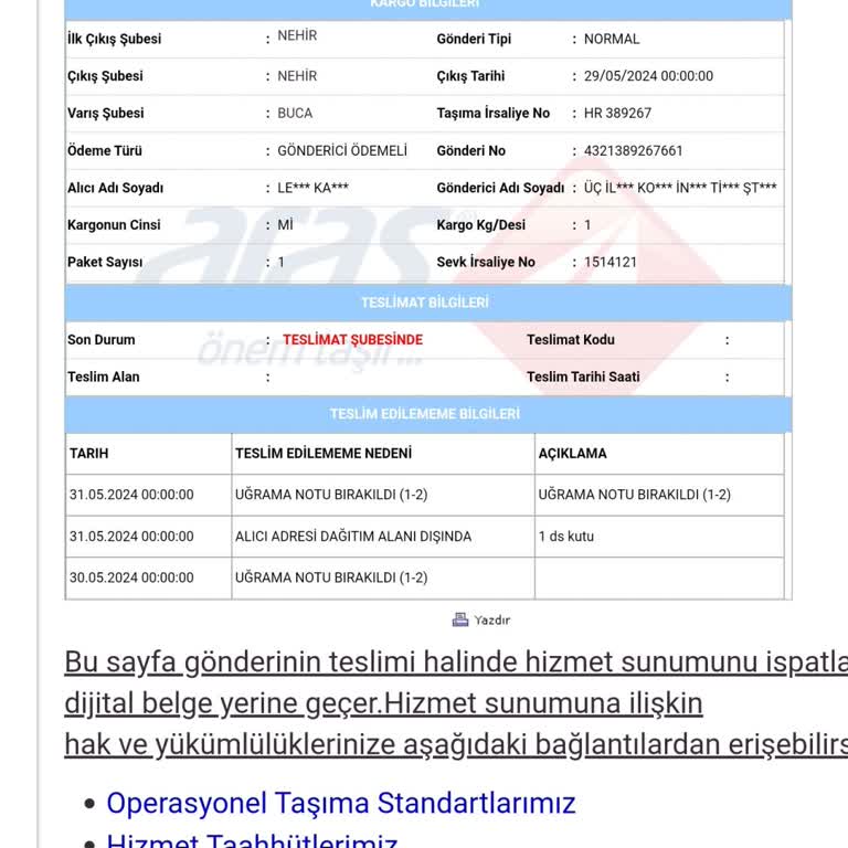 Aras Kargo Siparişimi Teslim Etmiyor Buca Kuruçeşme Şubesi