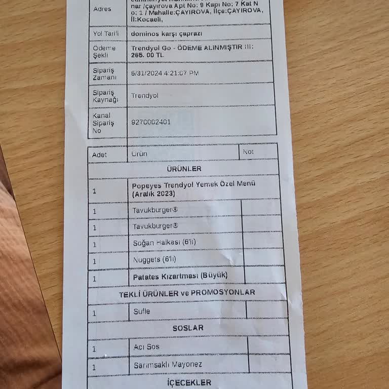 Popeys Eksik Ürün Gönderimi.