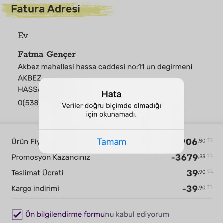 Gratis Veriler Doğru Biçimde Olmadığı İçin Sipariş Veremiyorum