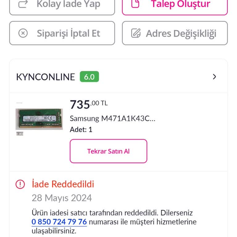Pazarama İade Talebimi Reddetti.
