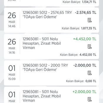 Ziraat Bankası Ziraat Toaya Geri Ödeme