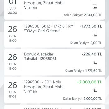 Ziraat Bankası Ziraat Toaya Geri Ödeme