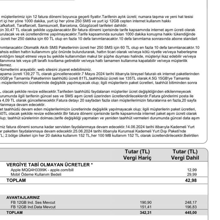 Türk Telekom Sözleşme Dışı Fatura Bedeli