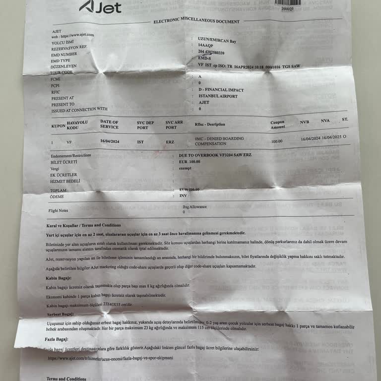 AJet (Anadolu Jet) Tazminat Tutarım Ödenmedi