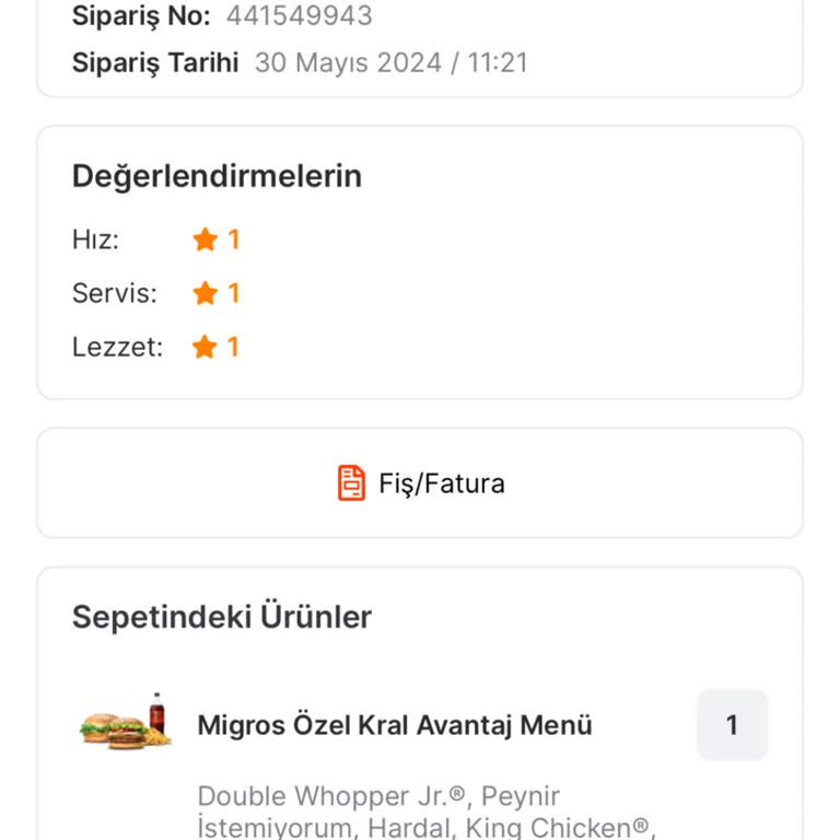 Migros Yemek Yarım Gelen Sipariş