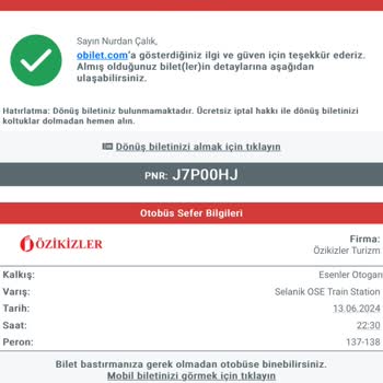 Obilet Bileti Acil QR Kodlu Belge