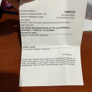 Vatan Bilgisayar'dan Alınıp Kutusundan Ayıplı Çıkan Epson L3550