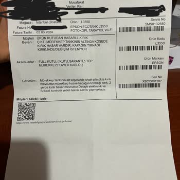 Vatan Bilgisayar'dan Alınıp Kutusundan Ayıplı Çıkan Epson L3550
