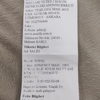 Arçelik Mutfak Şefi Yedek Parça Temin Edilemiyor