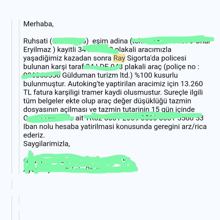 Ray Sigorta Tazmin Talebimizi Dikkate Almıyor