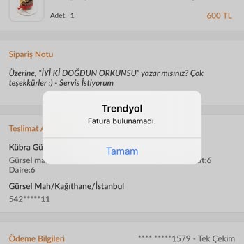 Trendyol Yemek Siparişine Ait Fiş Gönderilmemesi
