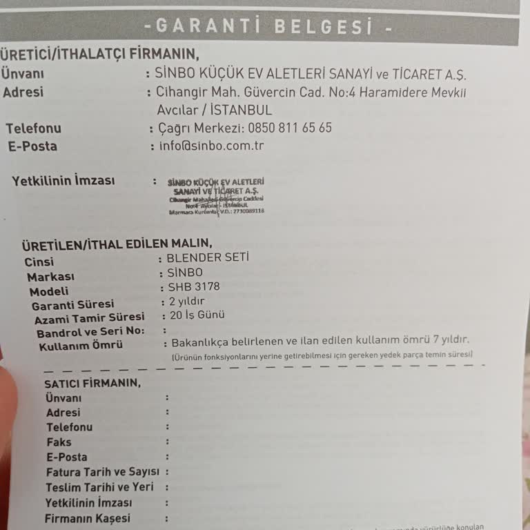 Sinbo Blender Seti Seri Numarası