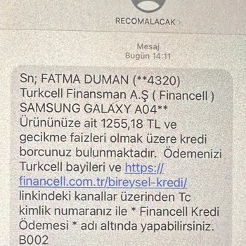 Recom Alacak Yönetimi Recomalacak, Financell, Şahsıma Ait Olmayan Kredi