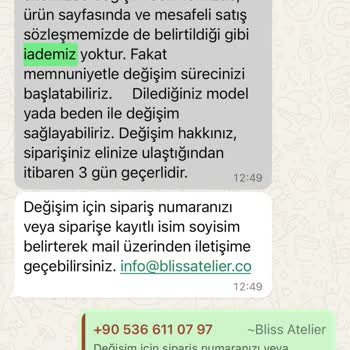 Bliss Atelier Ne Değişim Ne De İade İçin Ulaşamıyorum